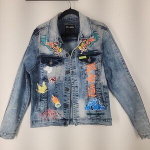 Reason Flaming Dragon Denim Jacket with Colorful Prints. Size M.   #G02